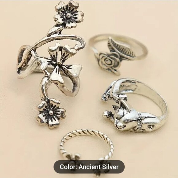 NWOT  4pcs Vintage Ring Set Gothic Style Catti Flower Leaf Patterns Mix And Matc - Picture 2 of 3